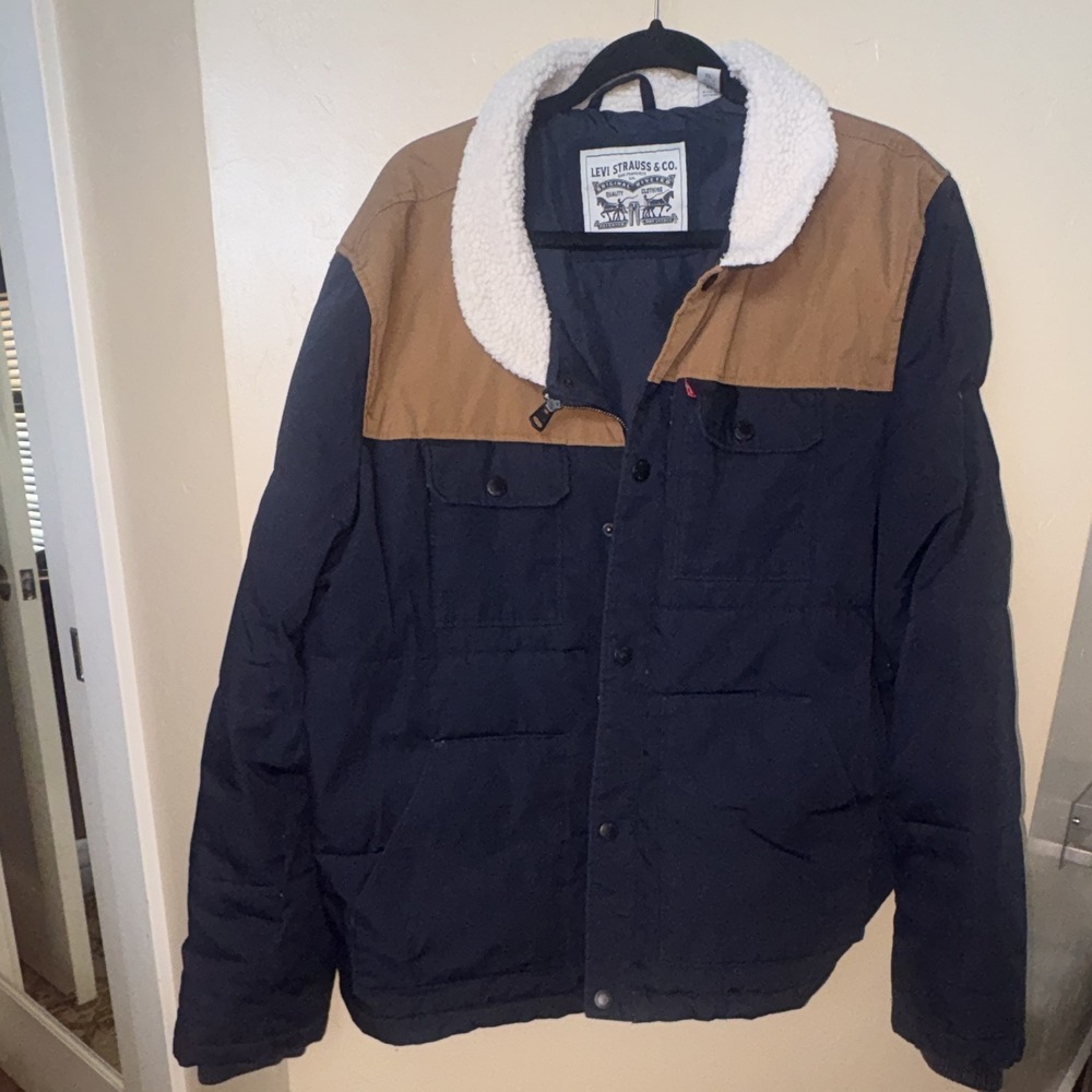 Levi's Woodsman Quilted Puffer Jacket Sherpa Lined Navy Brown Men XL
